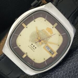 Vintage 1978 Square Orient Automatic Mens Silver Watch W/daydate & Gold accents